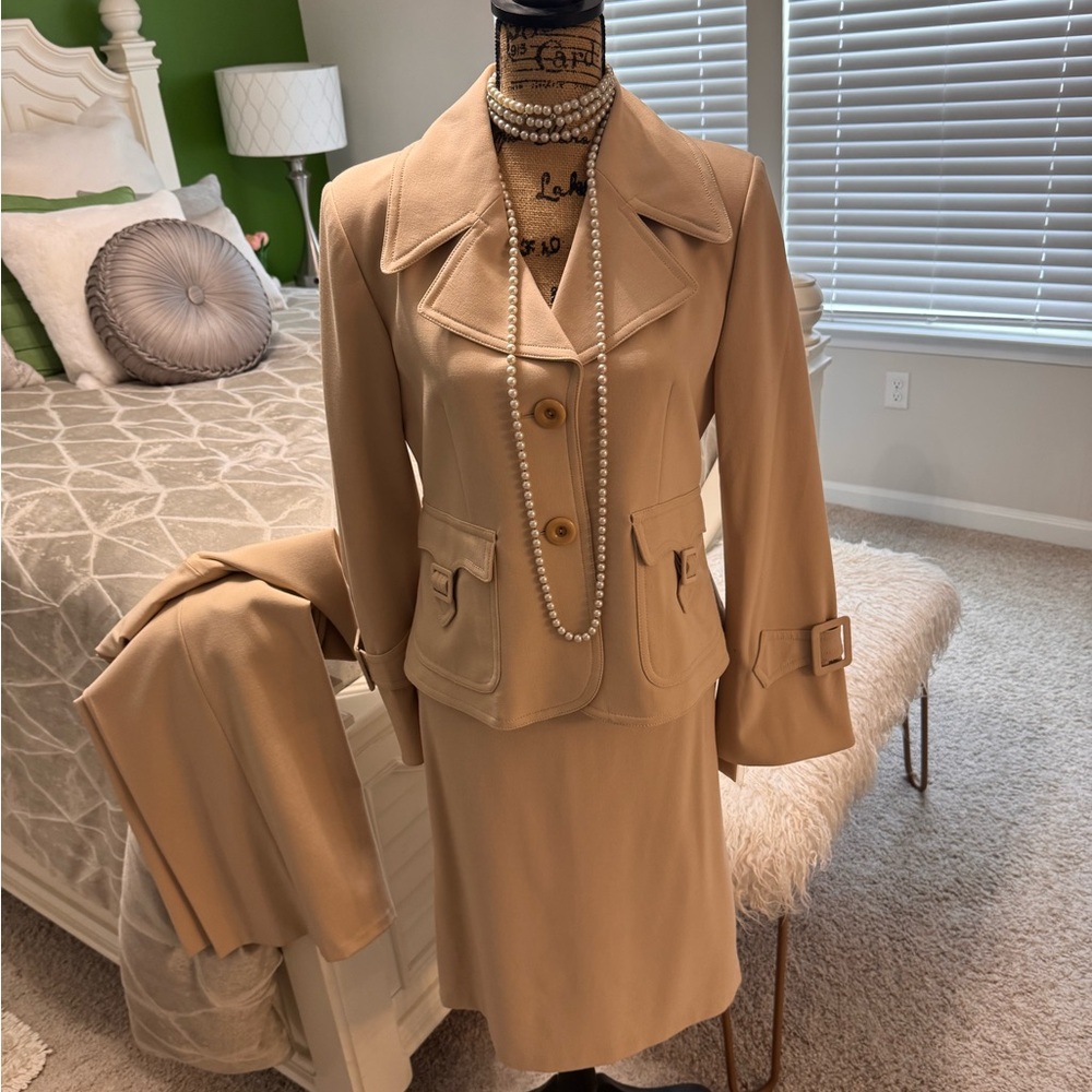 Elegant Tan Skirt Suit with Pearl Necklace